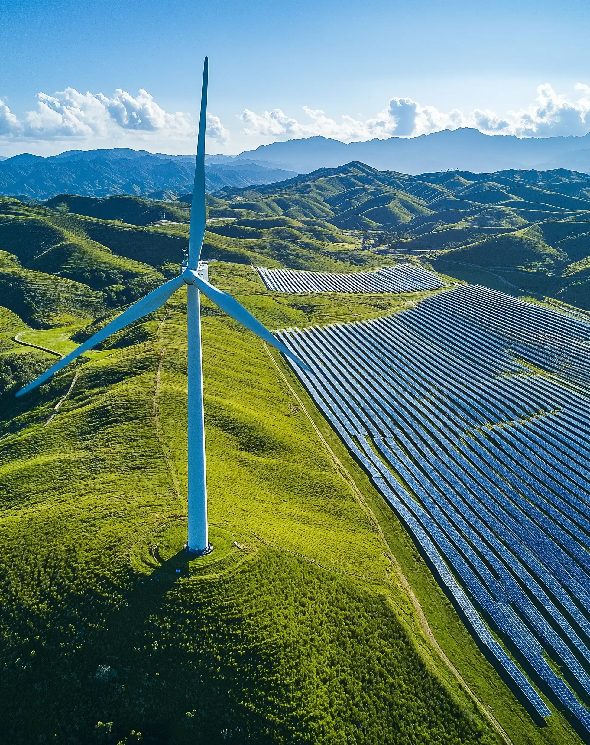 Wind turbine and solar panels showcasing Hirdaramani's corporate sector investment in sustainable energy