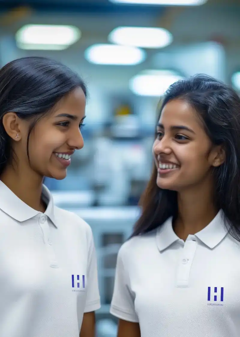 Two Sri Lankan female apparel employees in blue color shirt with Hirdaramani logo smiling to each other